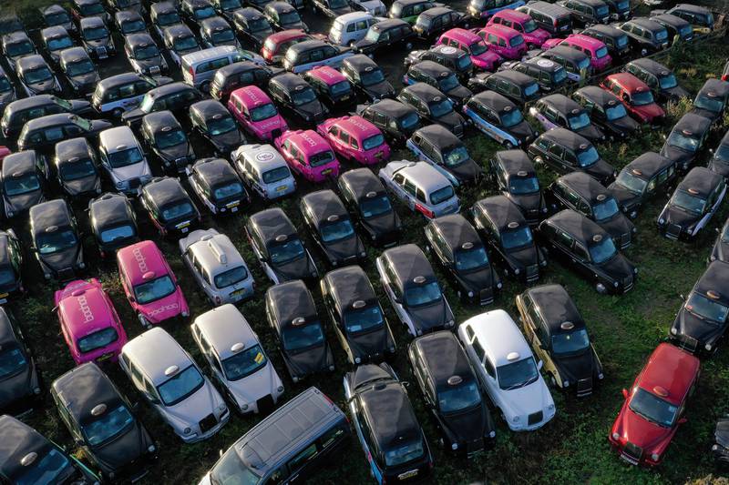 Around 200 of London's  black taxi cabs are stored in a field in Epping, England. Getty Images