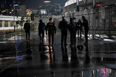 Kosovo police secure the area prior to the Euro 2024 Group I match against Israel at the Fadil Vokrri Stadium in Pristina. AFP