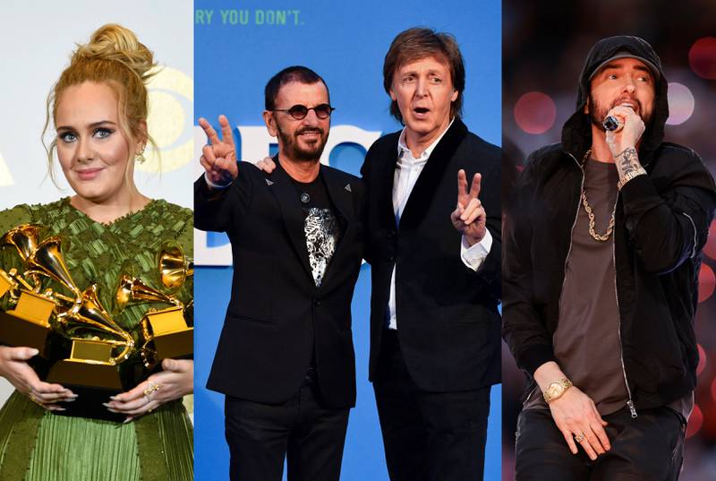 Adele, Paul McCartney and Ringo Starr, and Eminem are now one step closer to EGOT status after winning Emmy Awards. Photo: Getty Images