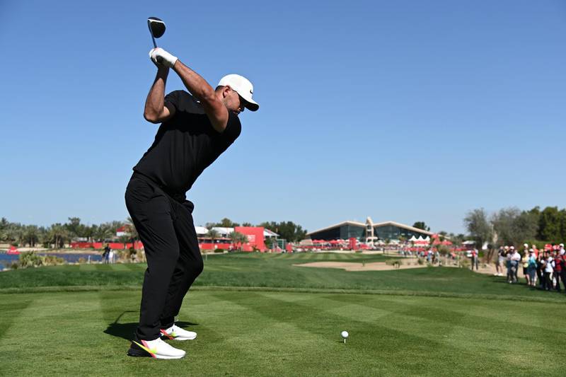 Brooks Koepka tees off on the ninth during Day One of the Abu Dhabi HSBC Championship. Getty Images