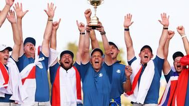 Europe captain Luke Donald lifts the Ryder Cup after beating the USA at Marco Simone Golf Club in Rome on October 1, 2023. Getty