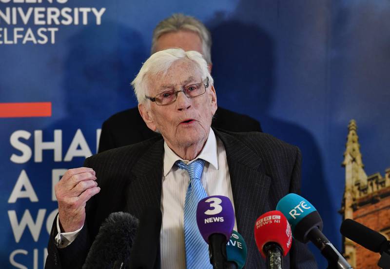 BELFAST, NORTHERN IRELAND - APRIL 10: Former NI deputy First Minister Seamus Mallon takes part in a press conference at an event to mark the 20th anniversary of the Good Friday Agreement at Queens university on April 10, 2018 in Belfast, Northern Ireland. The event, 'Building Peace: 20 years on from the Belfast/Good Friday Agreement' has been organised by the Senator George J. Mitchell Institute for Global Peace, Security and Justice. (Photo by Charles McQuillan/Getty Images)