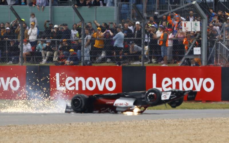 Alfa Romeo driver Guanyu Zhou crashes at the start of the British Grand Prix. Reuters