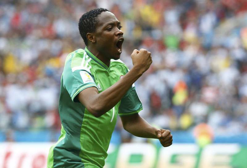 Nigeria's Ahmed Musa celebrates his goal during the 2014 World Cup Group F soccer match against Argentina at the Beira Rio stadium in Porto Alegre June 25, 2014. (REUTERS/Stefano Rellandini)