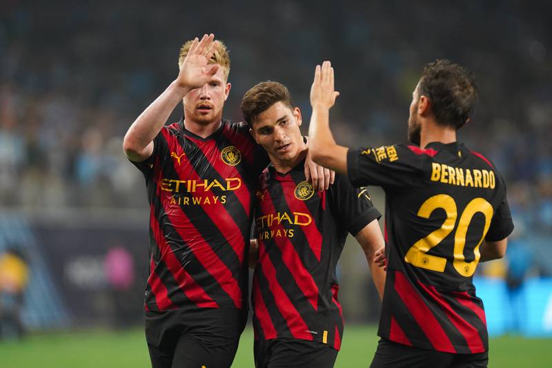 Manchester City's Kevin De Bruyne celebrates scoring their first goal. PA