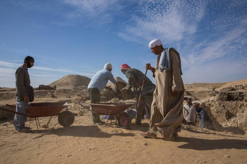 Archeologists work at the excavation site of the funerary temple of Queen Nearit, the wife of King Tetiwhere, led by Egyptian archaeologist Zahi Hawass, and his team unearthed in a vast necropolis, in Saqqara, south of Cairo, Egypt. AP