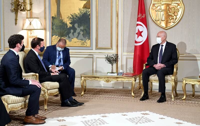 US Senators Chris Murphy and Jon Ossoff meet with President Kais Saied at Carthage Palace during a congressional visit to Tunisia. Photo: Presidence Tunisie