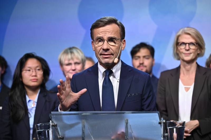 Leader of Sweden's Moderate Party, Ulf Kristersson, speaks during an election night event in Stockholm on Monday evening. Bloomberg