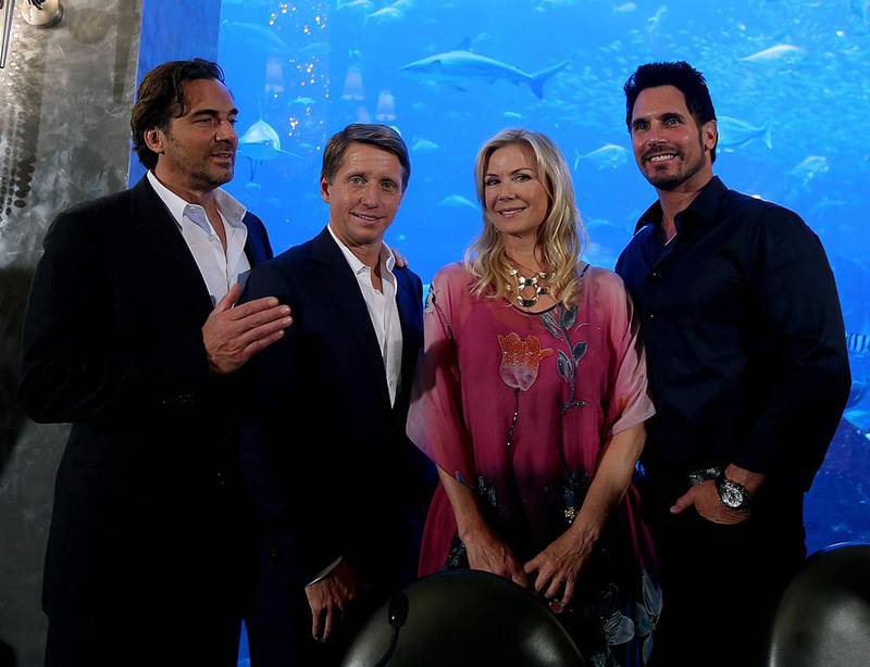 From left, Thorsten Kaye, Bradley Bell, Katherine Kelly Lang and Don Diamont of The Bold and the Beautiful are in the UAE to shoot episodes of the soap opera in Dubai and Abu Dhabi. Satish Kumar / The National / March 16, 2014 