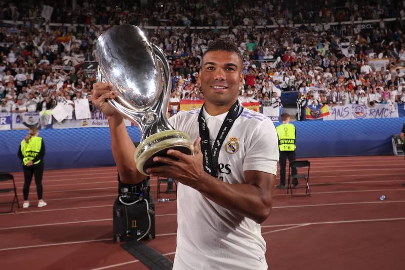 Casemiro with the Uefa Super Cup trophy after the final against Eintracht Frankfurt in Helsinki this month. Getty
