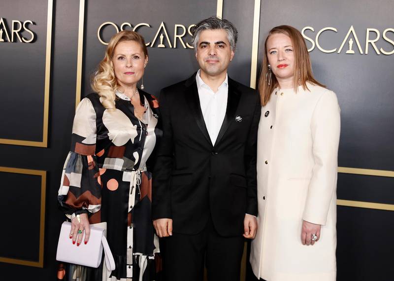 Sigrid Dyekjaer, Feras Fayyad and Kristine Barfod arrive for the 92nd Oscars Nominees Luncheon in Hollywood, California, on January 27, 2020. EPA