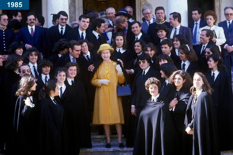 1985: The queen visits the University of Evora during a state visit to Portugal.