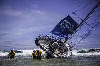 A view of Team Vestas Wind's crashed boat ashore a reef in the Indian Ocean in November. Brian Carlin / Team Vestas Wind / Volvo Ocean Race / November 30, 2014