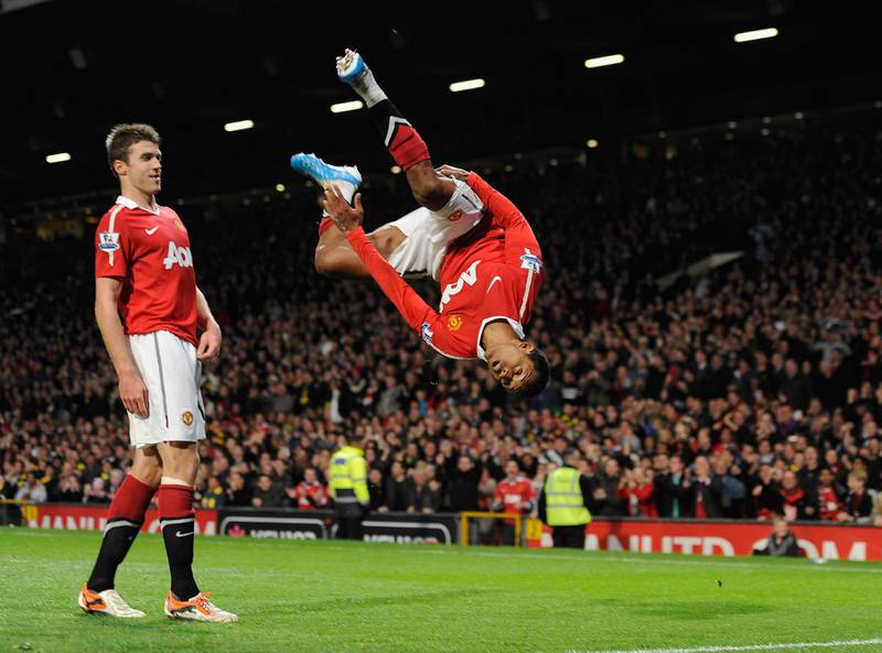 MANCHESTER, ENGLAND - OCTOBER 30: Nani of Manchester United celebrates scoring to make it 2-0 during the Barclays Premier League match between Manchester United and Tottenham Hotspur at Old Trafford on October 30, 2010 in Manchester, England.  (Photo by Michael Regan/Getty Images)