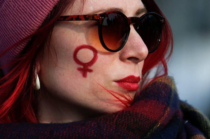 A participant attends a rally, held to support women's rights and to protest against violence towards women, in Saint Petersburg, Russia. REUTERS