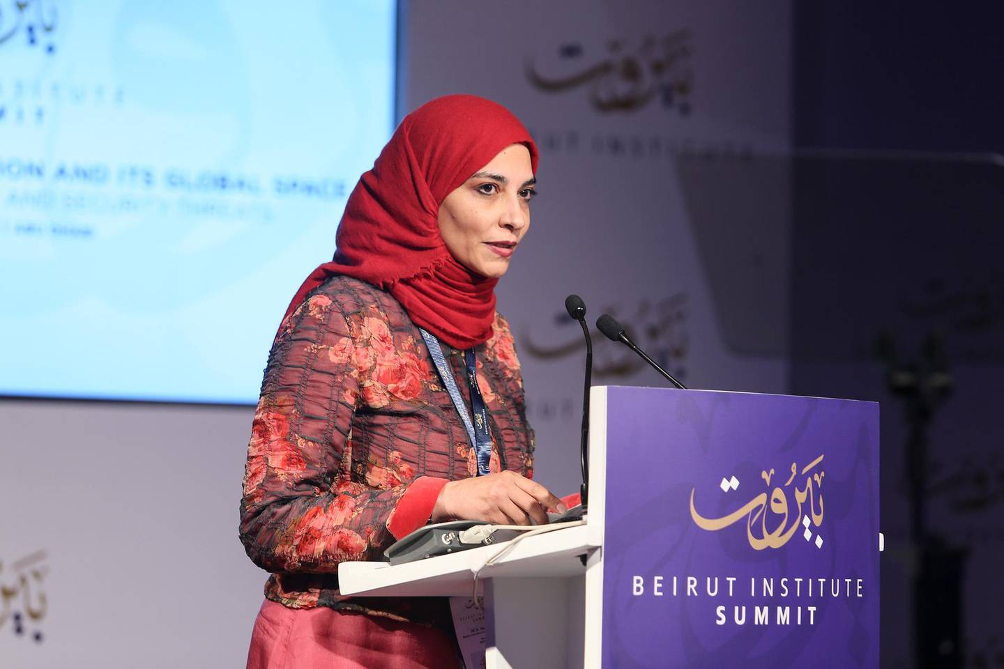 ABU DHABI, UAE. October 10, 2015 -Dr. Hayat Sindi, member of the Shura Council, CEO and founder of i2institute, speaks during the The Beirut Institute Summit at St. Regis Abu Dhabi, October 10, 2015. (Photo by: Sarah Dea/The National, Story by: Roberta Pennington/News) *** Local Caption ***  SDEA101015-beirutsummit26.JPG