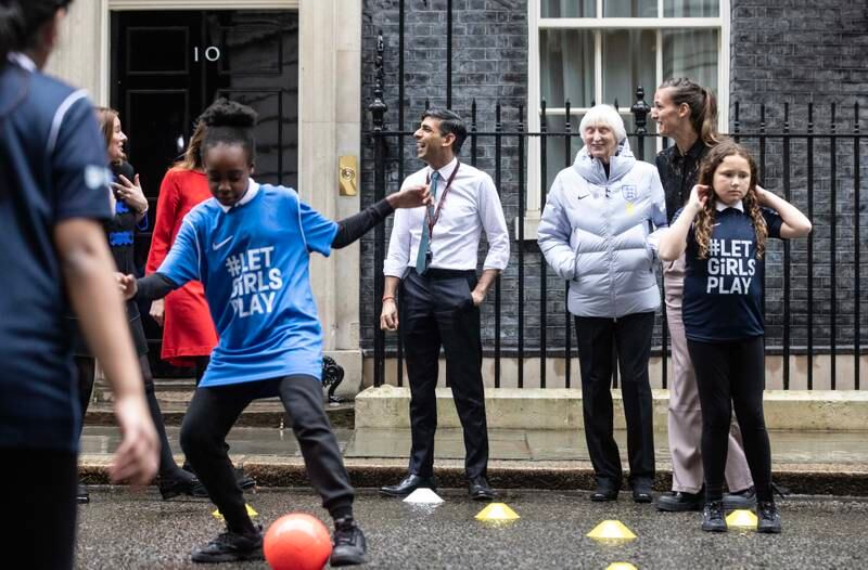 Rishi Sunak attended a coaching session for schoolgirls, with past and present England women's players, at Downing Street in London on Wednesday. Getty Images