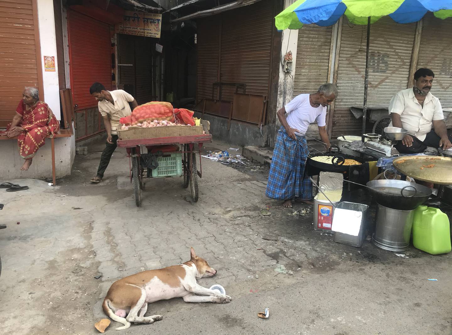 A stray dog sleeps at a market in Prayagraj, Uttar Pradesh. AP