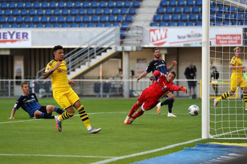 Jadon Sancho of Borussia Dortmund scores his teams second goal against Paderborn. AP