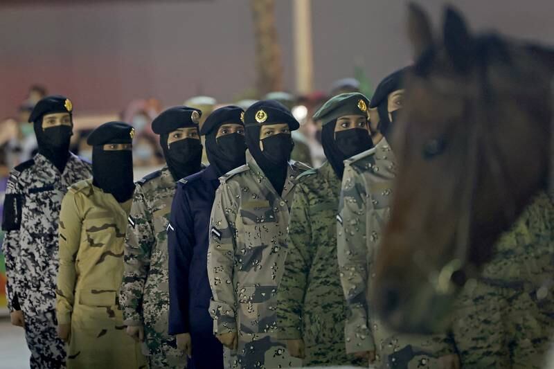 Saudi policewomen take part in a military parade for the first time on National Day in Riyadh in September. AFP