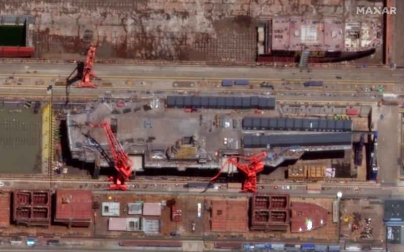 This satellite image from Maxar Technologies shows the construction of China's Type 003 aircraft carrier at the Jiangnan Shipyard north-east of Shanghai, China. AP 