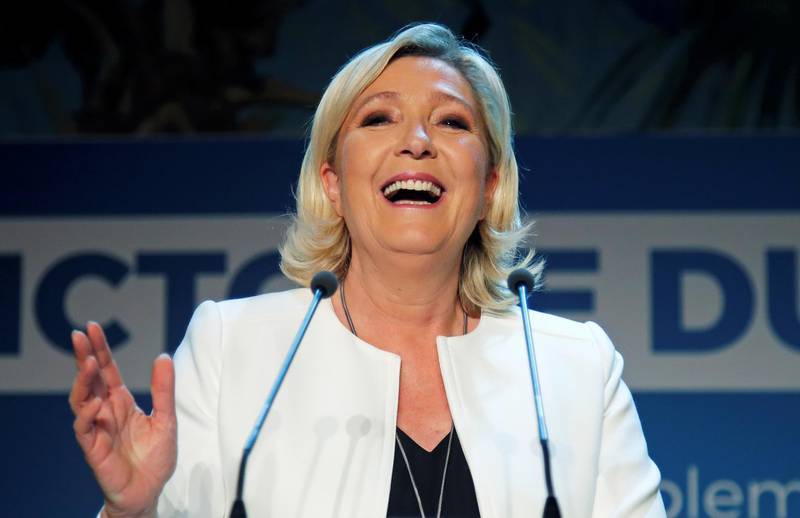 French far-right National Rally (Rassemblement National) party leader Marine Le Pen reacts after the first results in Paris, France, May 26, 2019. REUTERS/Charles Platiau