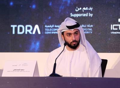 Saeed Al Kormastaji, UAE astronaut office manager, speaks during a press conference introducing the country's newest astronauts to the world