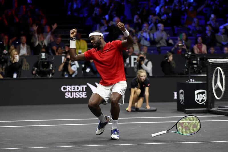 Frances Tiafoe begins to celebrate after beating Stefanos Tsitsipas at the Laver Cup. Getty