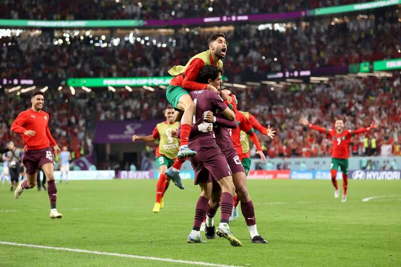 Achraf Hakimi of Morocco celebrates after the team's victory in the penalty shoot-out against Spain. Getty 