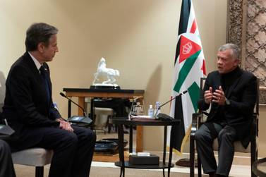 Secretary of State Antony Blinken, left, listens during a meeting with Jordan's King Abdullah II at Bayt Al Urdon, Wednesday, May 26, 2021, in Amman, Jordan. AP Photo