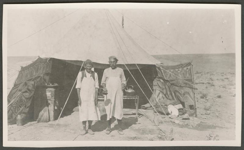 Two men standing in front of a tent, Palestine. Circa 1910s-1930s. Gail O'Keefe Edson. Courtesy of Akkasah Centre for Photography.