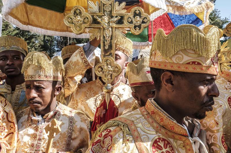 Ethiopian Orthodox deacons during the burial ceremony of Abune Merkorios, fourth patriarch of the Ethiopian Orthodox Church, at Trinity Cathedral in Addis Ababa, Ethiopia. AFP