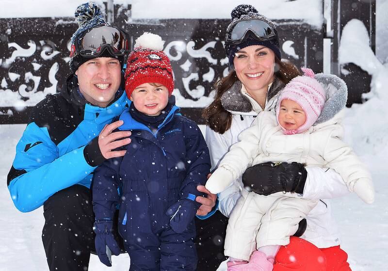 Prince George and Princess Charlotte with their parents on a skiing break in the French Alps in March 2016.
