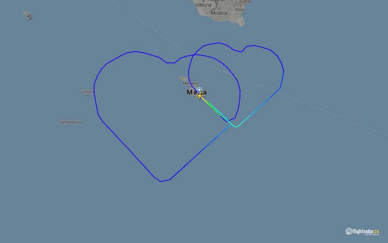 An Air Malta pilot carved two interlinked love hearts in the air over the Mediterranean. Courtesy FlightRadar24