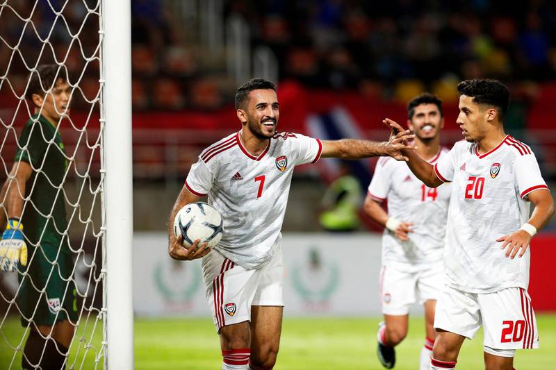 Ali Mabkhout of the UAE celebrates after making it 1-1. EPA