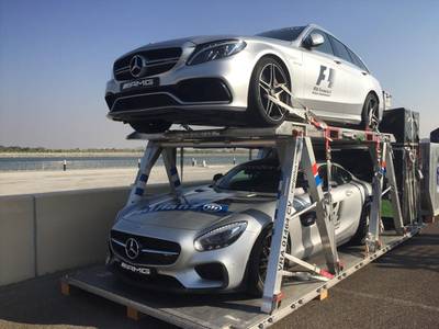 The safety cars arrive at the Yas Marina Circuit. Courtesy Seven Media