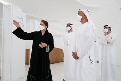 President Sheikh Mohamed, who was Crown Prince of Abu Dhabi and Deputy Supreme Commander of the Armed Forces at the time, at the launch of the UAE’s Net Zero 2050 Strategic Initiative at Expo 2020 Dubai. With him are Sheikh Maktoum bin Mohammed, Deputy Prime Minister and Minister of Finance, right, Mariam Al Mheiri, Minister for Climate Change and Environment, left, and Dr Sultan Al Jaber, Minister of Industry and Advanced Technology, chairman of Masdar and chief executive of Adnoc, second left. All photos: Ministry of Presidential Affairs