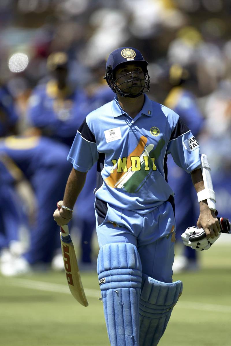 JOHANNESBURG - MARCH 10:  Sachin Tendulkar of India walks back to the pavilion after being dismissed for 97 during the ICC Cricket World Cup 2003 Super Sixes match between Sri Lanka and India held on March 10, 2003 at The Wanderers, in Johannesburg, South Africa. India won the match by 183 runs. (Photo by Michael Steele/Getty Images)