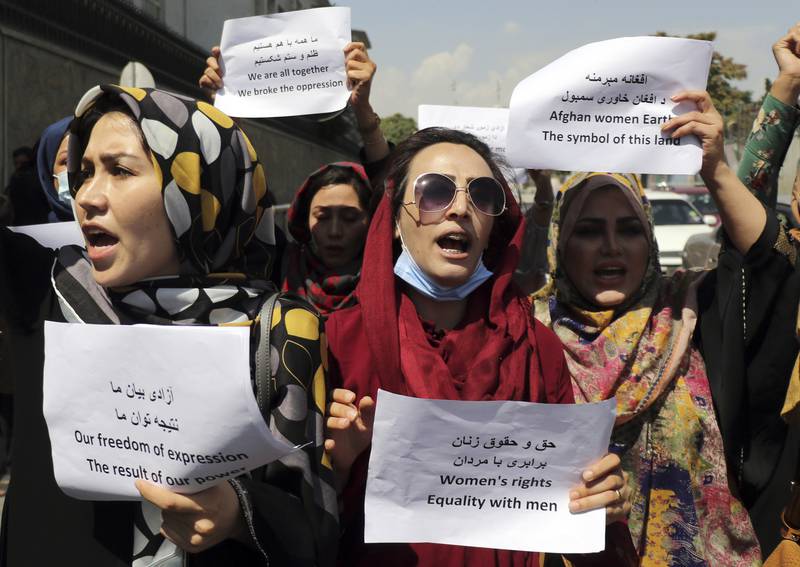 Women gather to demand their rights under Taliban rule during a protest in Kabul on September 3. AP