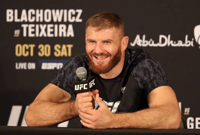 UFC light heavyweight champion Jan Blachowicz speaks to reporters at Hilton Hotel, Yas Island, about his upcoming bout against Glover Teixeira in the headline bout at UFC 267 in Abu Dhabi. All photos Chris Whiteoak / The National