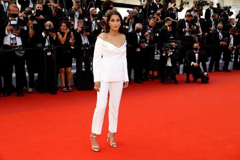 Leila Bekhti, in Givenchy, attends the 'Annette' screening and opening ceremony of the 74th annual Cannes Film Festival on July 6, 2021 in Cannes, France.