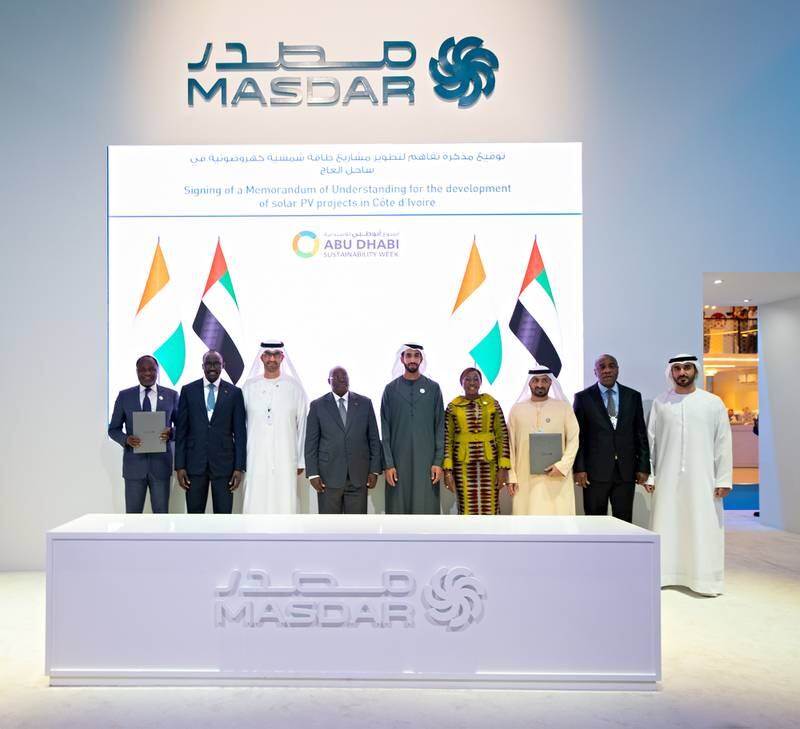 Dr Sultan Al Jaber, Minister of Industry and Advanced Technology, and chairman of Masdar, with officials from the clean energy company and the Ivory Coast at the signing ceremony. Photo: Masdar