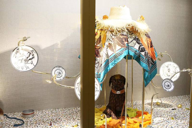 A pet shop created by the artists Zim and Zou. A dog sits inside a gilded cage — draped in an Hermes scarf, naturally — from where the birds have flown. A flying fish can also be seen overhead, sporting an Hermes collar. Pawan Singh / The National