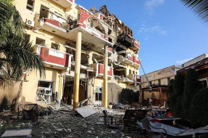 The damaged structure of Hayat Hotel in Mogadishu after Al Shabab terrorists ended a 30-hour siege. AFP