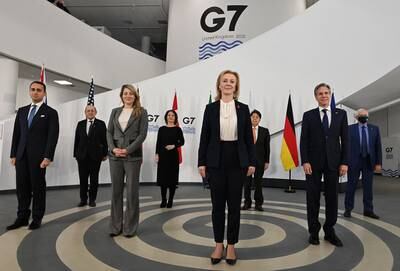 UK Foreign Secretary Liz Truss at the Museum of Liverpool before the G7 ministerial talks in December. Getty Images