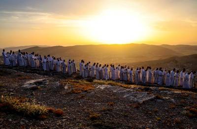 Samaritan worshippers arrive to take part in a Passover ceremony on top of Mount Gerizim, near the northern West Bank town of Nablus. AFP