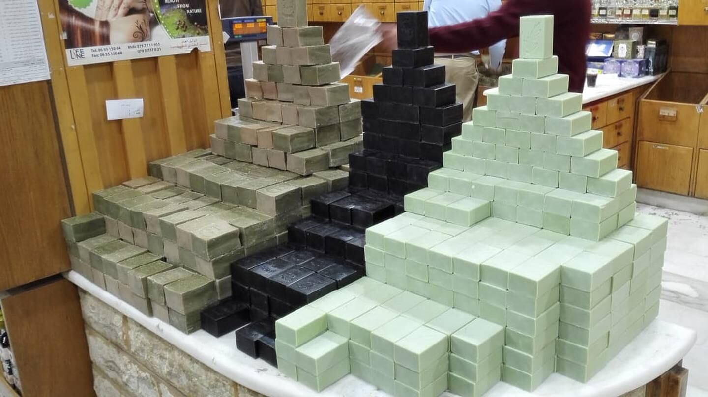 Some of Amer Abu Al Samen's soap at a shop in Amman. He started in the soap business after opening a spice shop in the 1990s. The National