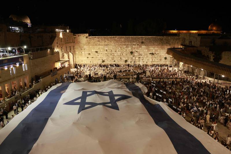 An Israeli national flag at the Western Wall in Jerusalem. AFP