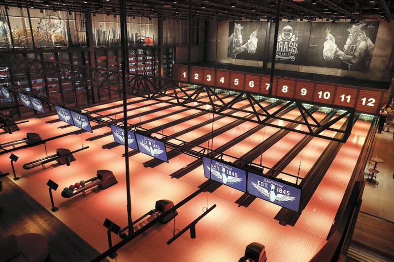 DUBAI, UNITED ARAB EMIRATES , September 27 – 2020 :- View of the 12 bowling lanes at the Brass Monkey, new dining and entertainment destination on the Bluewaters Island in Dubai.  (Pawan Singh / The National) For Lifestyle/Online/Instagram. Story by Janice Rodrigues 
