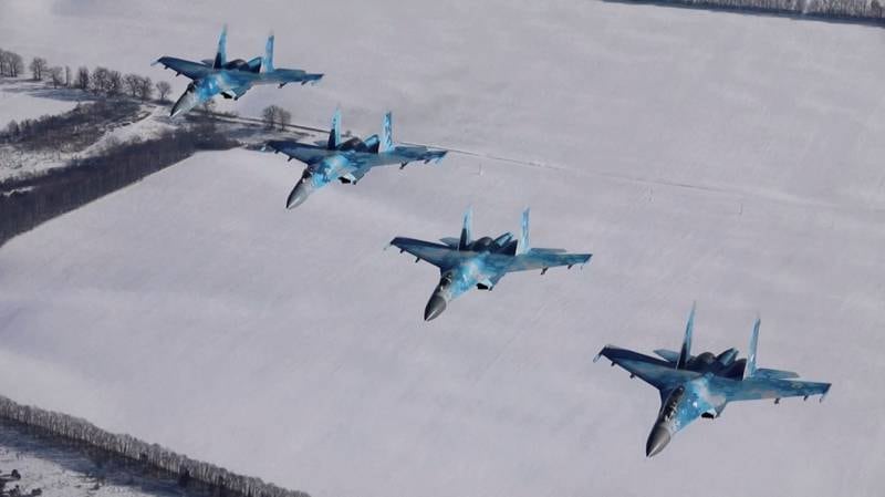Ukrainian Air Force jets take part in a defence drill over an unidentified location. Reuters